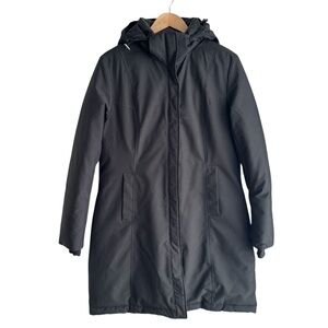 WARM Down Filled Parka Womens S Black Longline Hooded Winter Coat Jacket Classic
